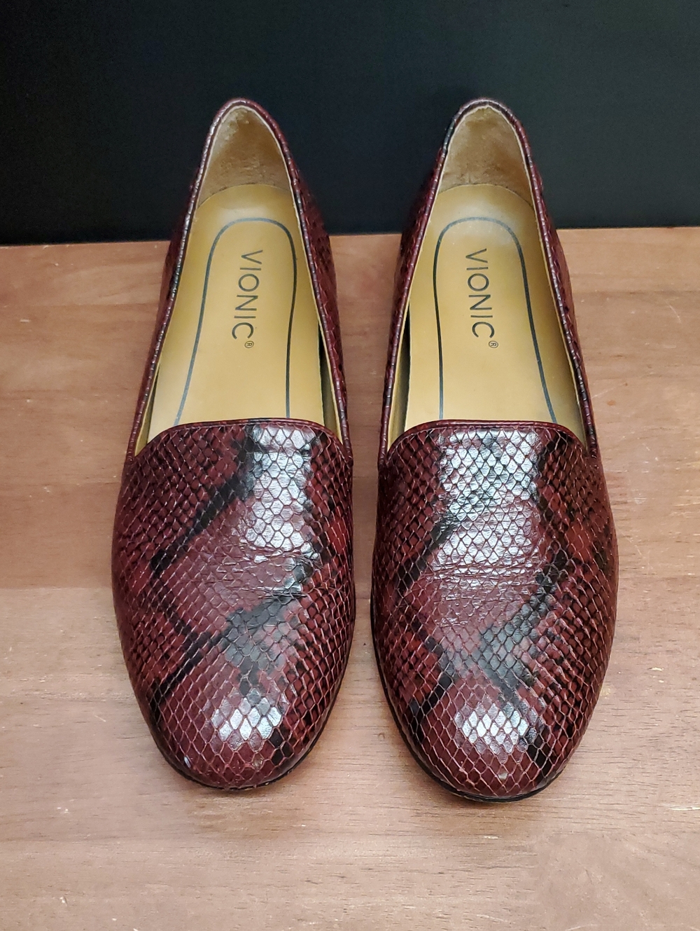 Vionic Wine Cognac Snake-Print Slip-On Loafers